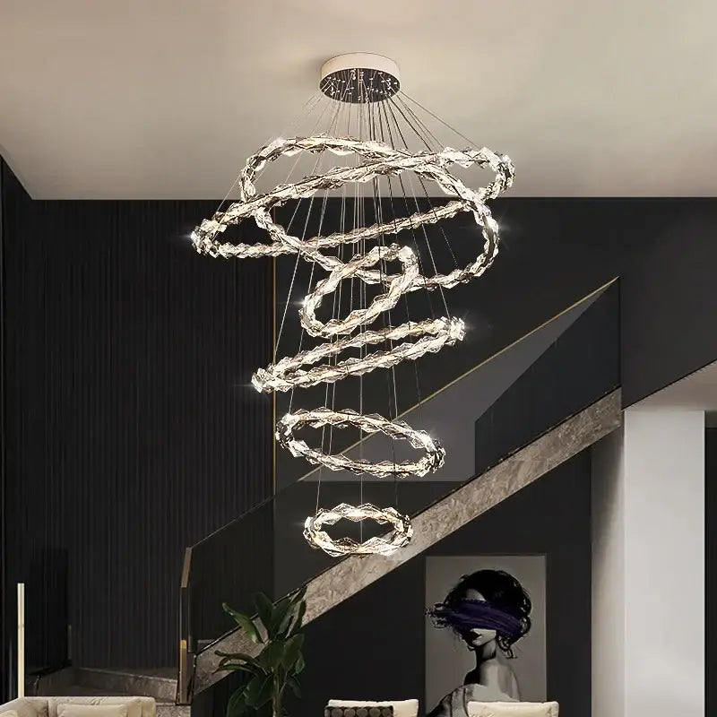 Modern spiral crystal chandelier living room led rings