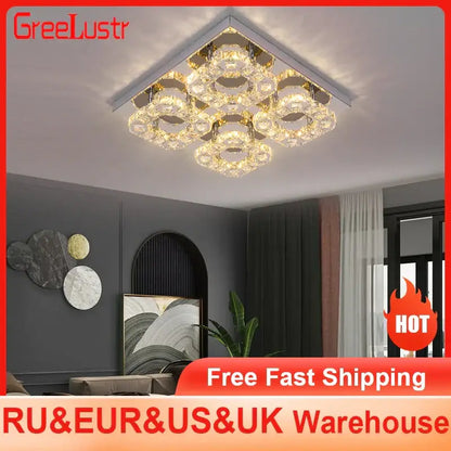 Modern square chrome crystal led ceiling light living room dimmable
