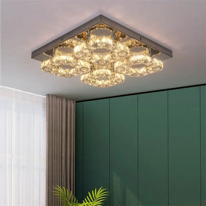 Modern square chrome crystal led ceiling light living room dimmable