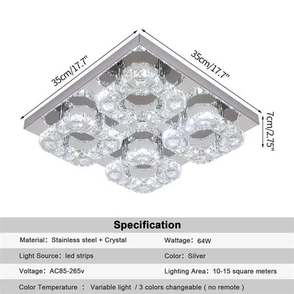 Modern square chrome crystal led ceiling light living room dimmable