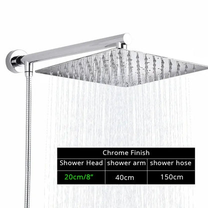 Modern square chrome rainfall shower head with arm and hose bathroom