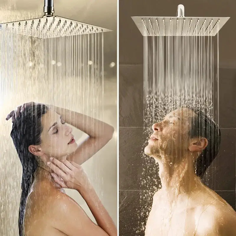 Modern square chrome rainfall shower head with arm and hose bathroom