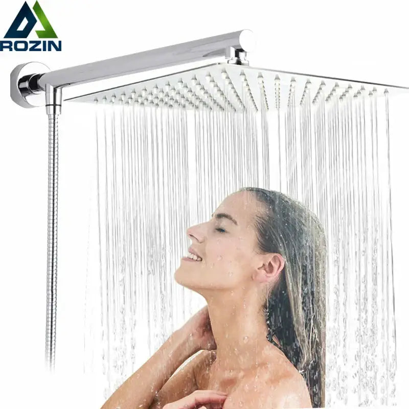 Modern square chrome rainfall shower head with arm and hose bathroom