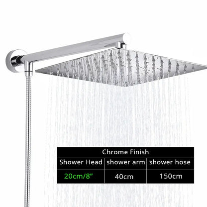 Modern square chrome rainfall shower head with arm and hose bathroom