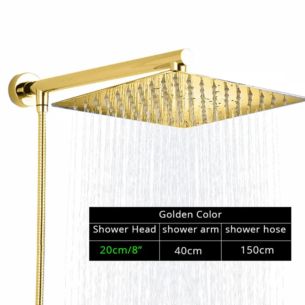 Modern square chrome rainfall shower head with arm and hose bathroom
