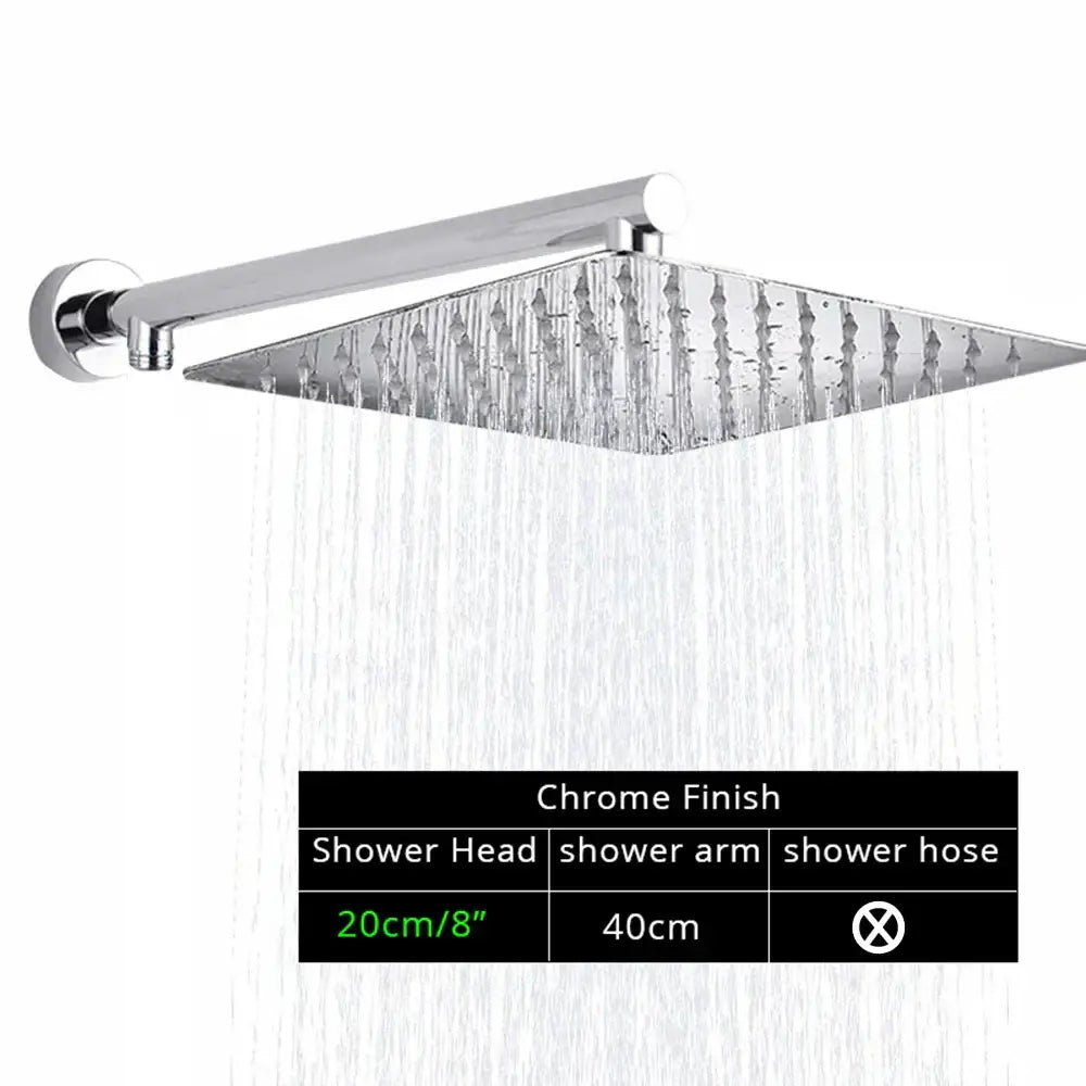 Modern square chrome rainfall shower head with arm and hose bathroom