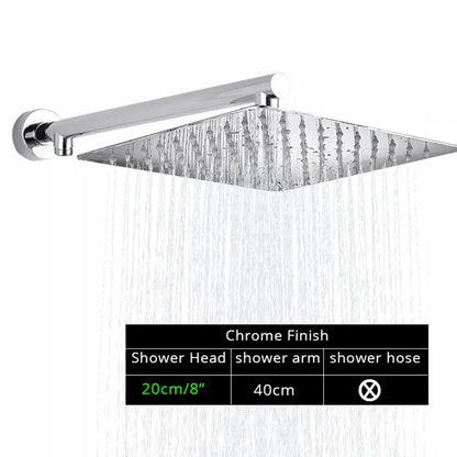 Modern square chrome rainfall shower head with arm and hose bathroom
