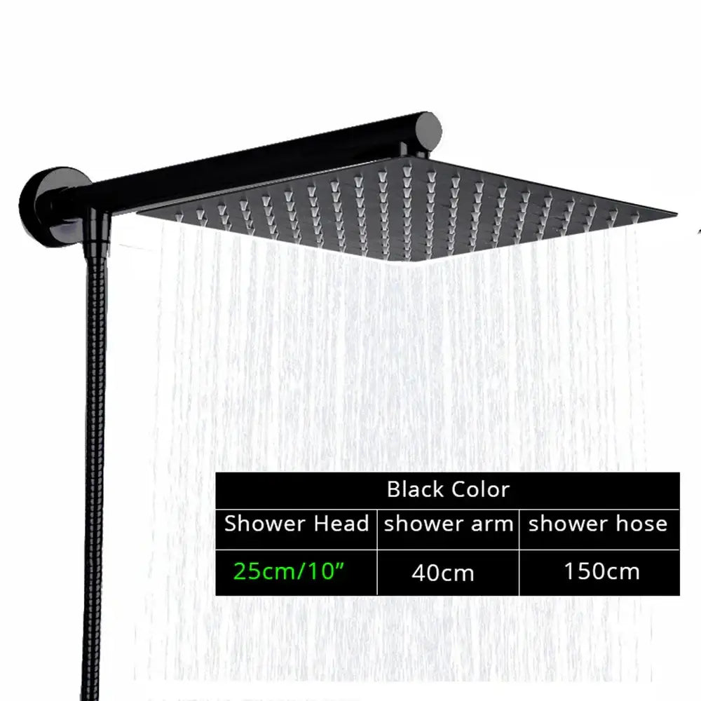 Modern square chrome rainfall shower head with arm and hose bathroom