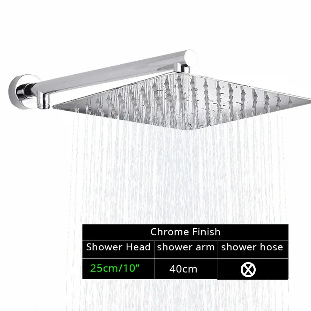 Modern square chrome rainfall shower head with arm and hose bathroom
