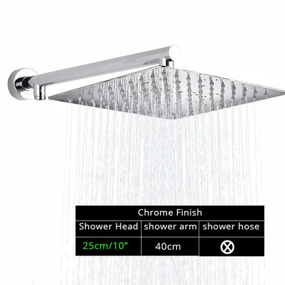 Modern square chrome rainfall shower head with arm and hose bathroom