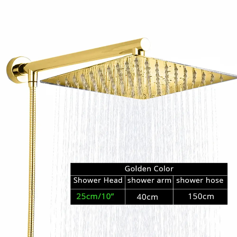 Modern square chrome rainfall shower head with arm and hose bathroom