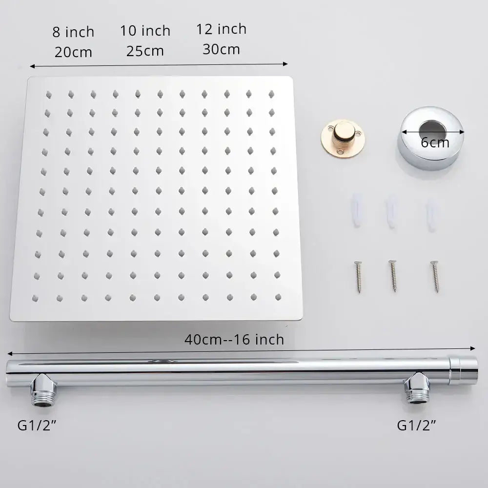 Modern square chrome rainfall shower head with arm and hose bathroom
