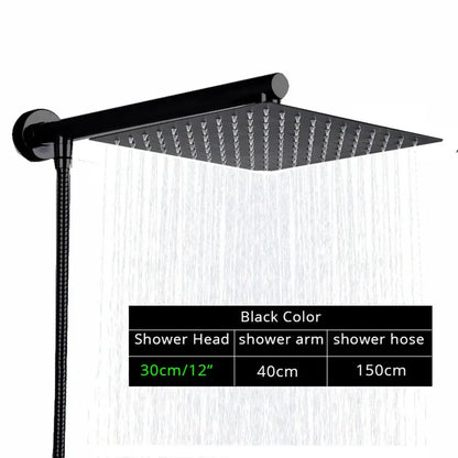 Modern square chrome rainfall shower head with arm and hose bathroom