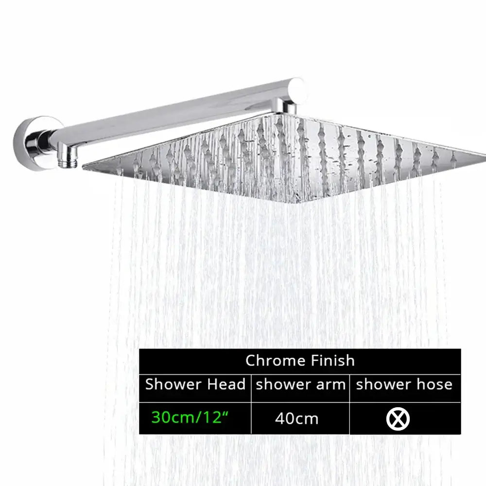 Modern square chrome rainfall shower head with arm and hose bathroom
