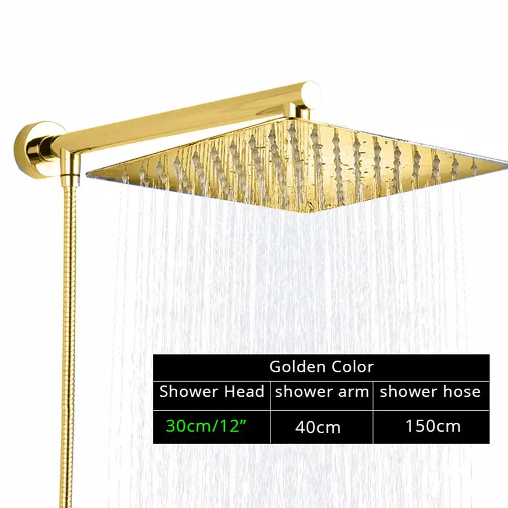 Modern square chrome rainfall shower head with arm and hose bathroom