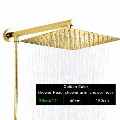 Modern square chrome rainfall shower head with arm and hose bathroom