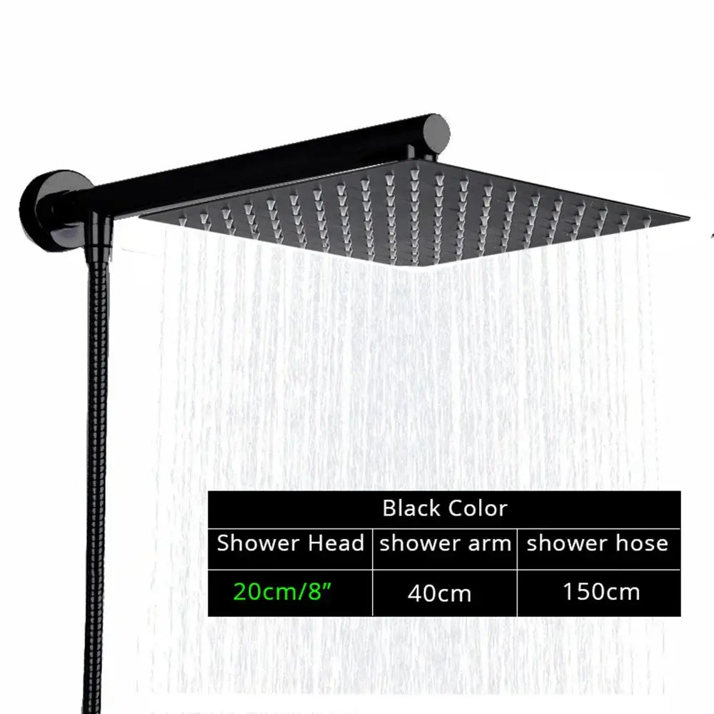 Modern square chrome rainfall shower head with arm and hose bathroom