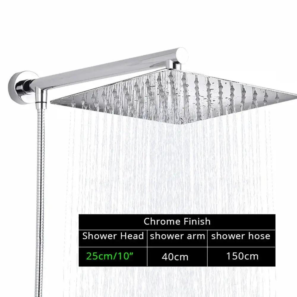 Modern square chrome rainfall shower head with arm and hose bathroom