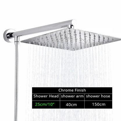 Modern square chrome rainfall shower head with arm and hose bathroom