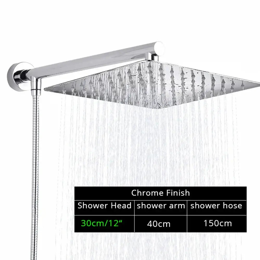 Modern square chrome rainfall shower head with arm and hose bathroom