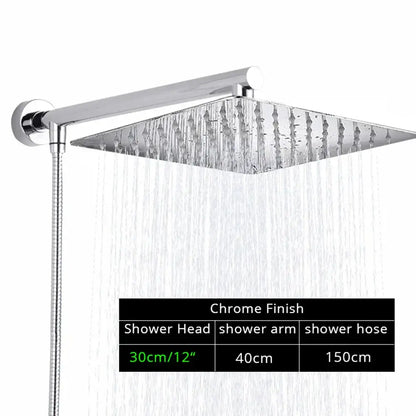 Modern square chrome rainfall shower head with arm and hose bathroom