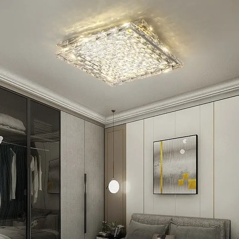 Modern square crystal led ceiling light bedroom silver & chrome