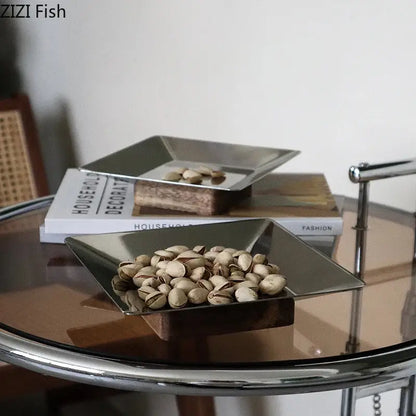 Modern square metallic and dark wood fruit bowl tray living room