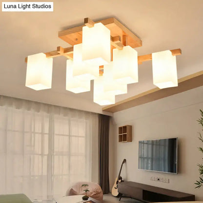 Modern square wood living room flush mount with white glass shade