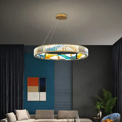 Modern stained glass circle steel led pendant chandelier living room