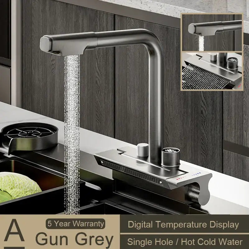 Modern stainless steel digital display pull out kitchen faucet