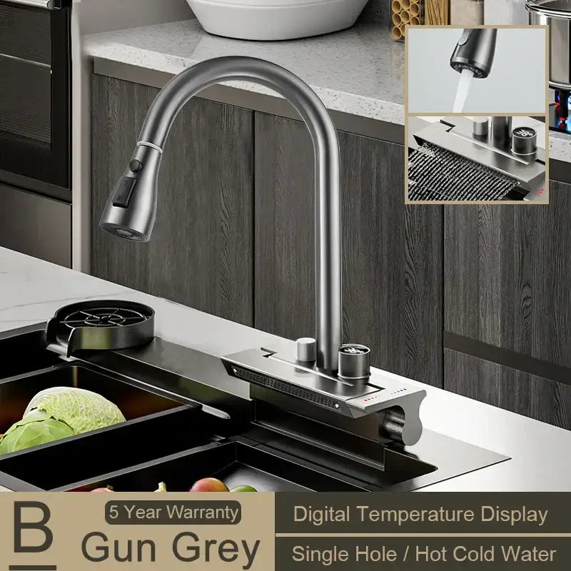 Modern stainless steel digital display pull out kitchen faucet
