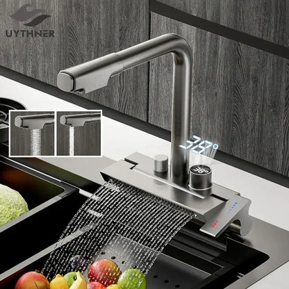 Modern stainless steel digital display pull out kitchen faucet