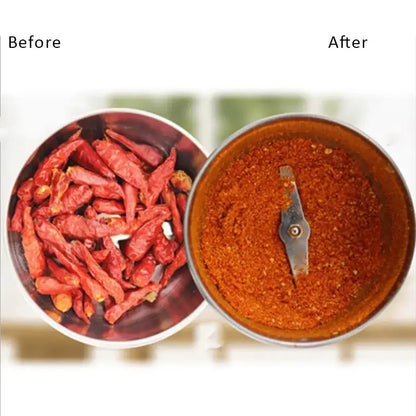 Modern stainless steel electric grinder for grinding grains in kitchen