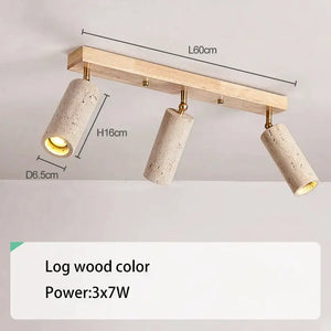 Modern stone & wood 3-head led ceiling spotlight for living room