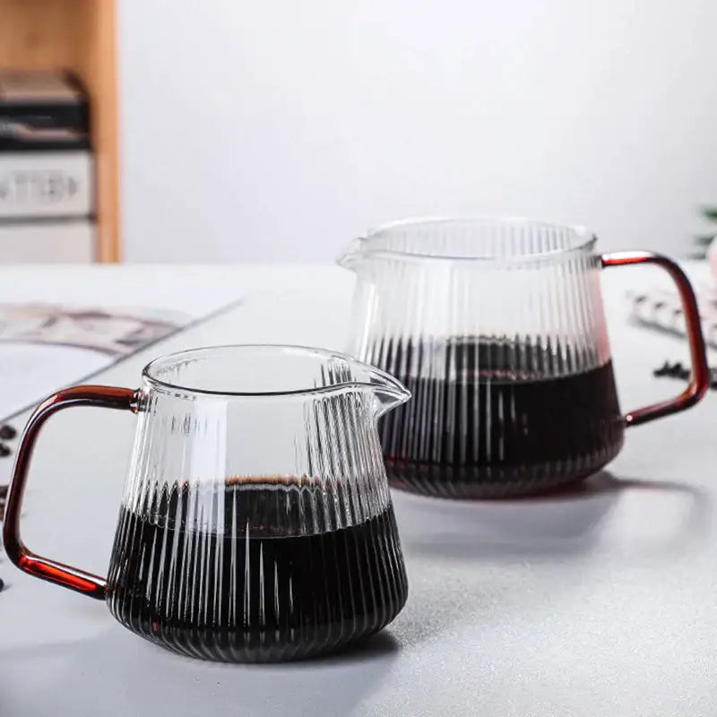 Modern striped glass coffee pot with amber handle kitchen carafe