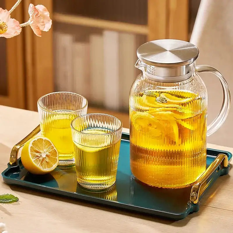 Modern striped glass cold water kettle set kitchen silver lid