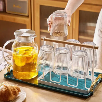 Modern striped glass cold water kettle set kitchen silver lid