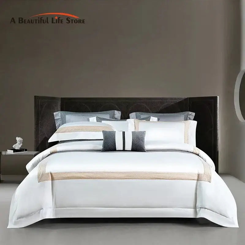 Modern striped white & beige luxury bedding set bedroom cotton