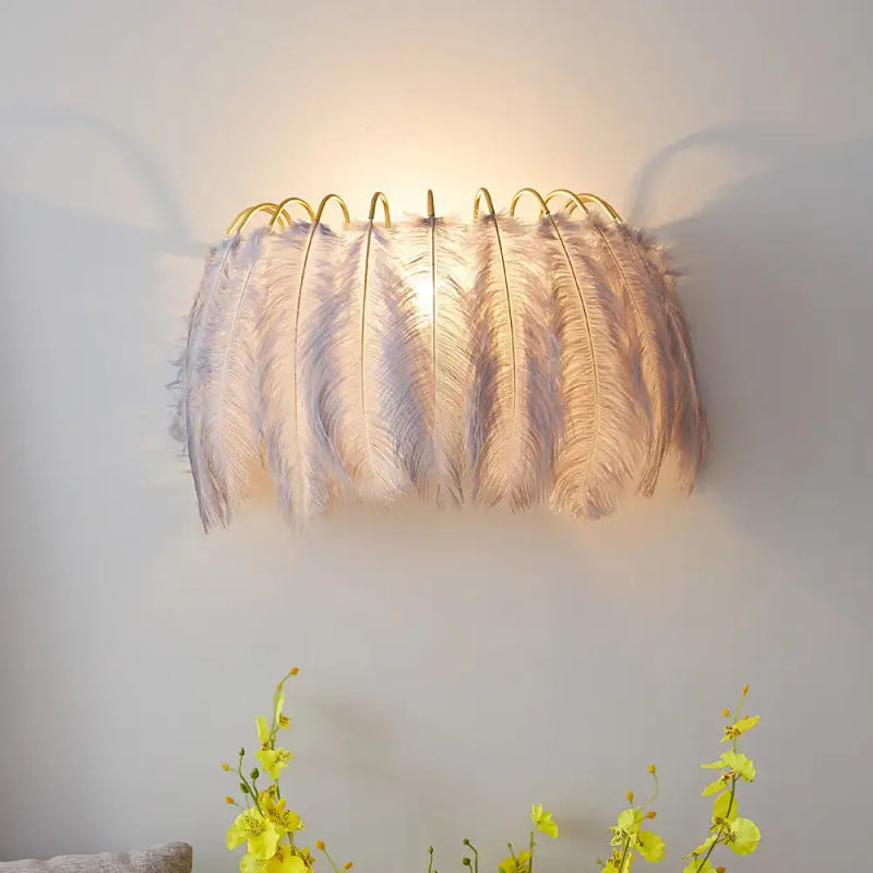 Modern style grey & white feather sconce light parlor wall decor