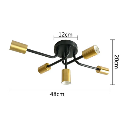 Modern symmetrical brass ceiling light with five spheres for living room
