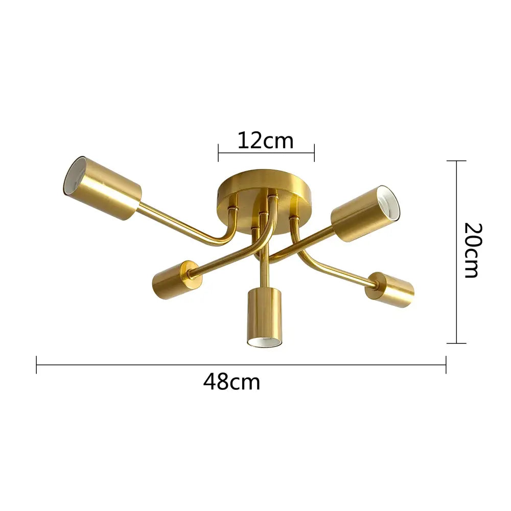 Modern symmetrical brass ceiling light with five spheres for living room
