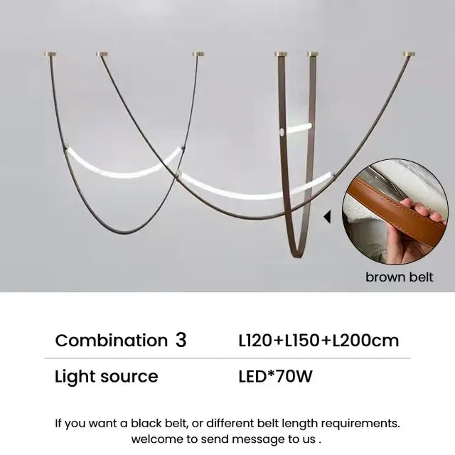 Modern tan leather and brass led tube suspension chandelier living room