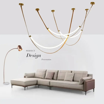 Modern tan leather and brass led tube suspension chandelier living room
