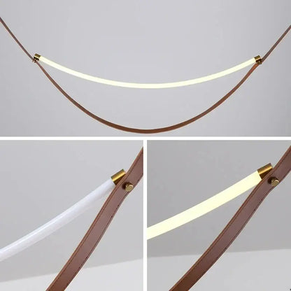 Modern tan leather and brass led tube suspension chandelier living room