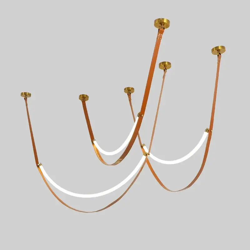 Modern tan leather and brass led tube suspension chandelier living room