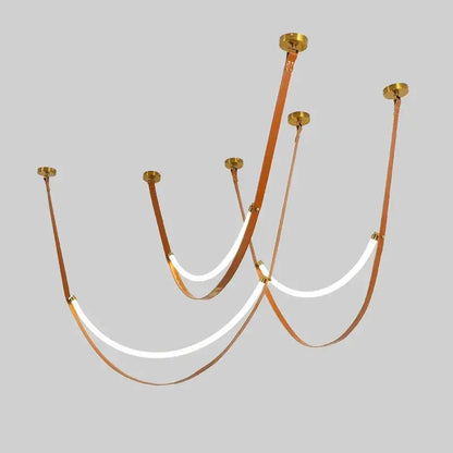 Modern tan leather and brass led tube suspension chandelier living room