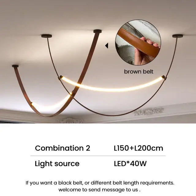 Modern tan leather and brass led tube suspension chandelier living room