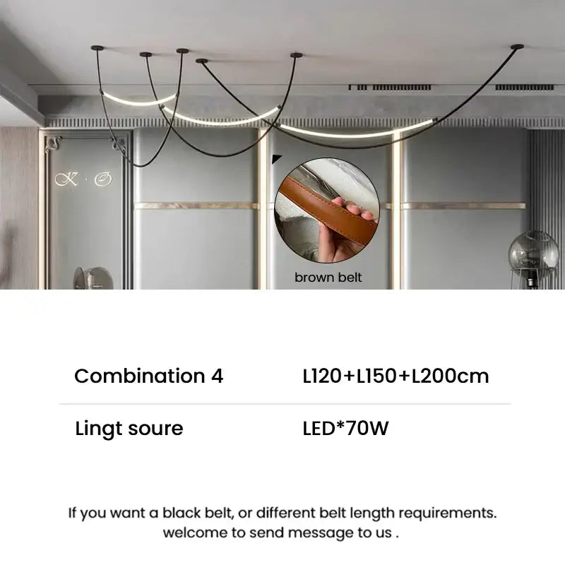 Modern tan leather and brass led tube suspension chandelier living room