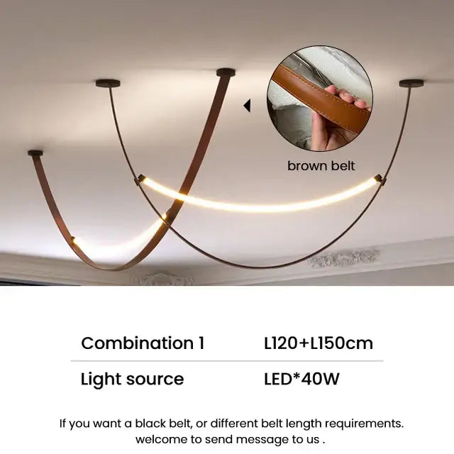 Modern tan leather and brass led tube suspension chandelier living room