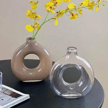 Modern taupe and clear geometric circles glass vase living room decor